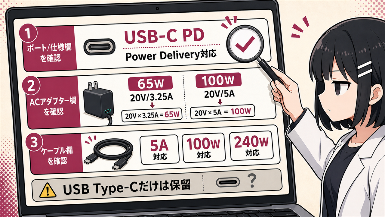 商品ページの仕様欄でUSB-C PD対応・ワット数・ケーブルを確認する手順図