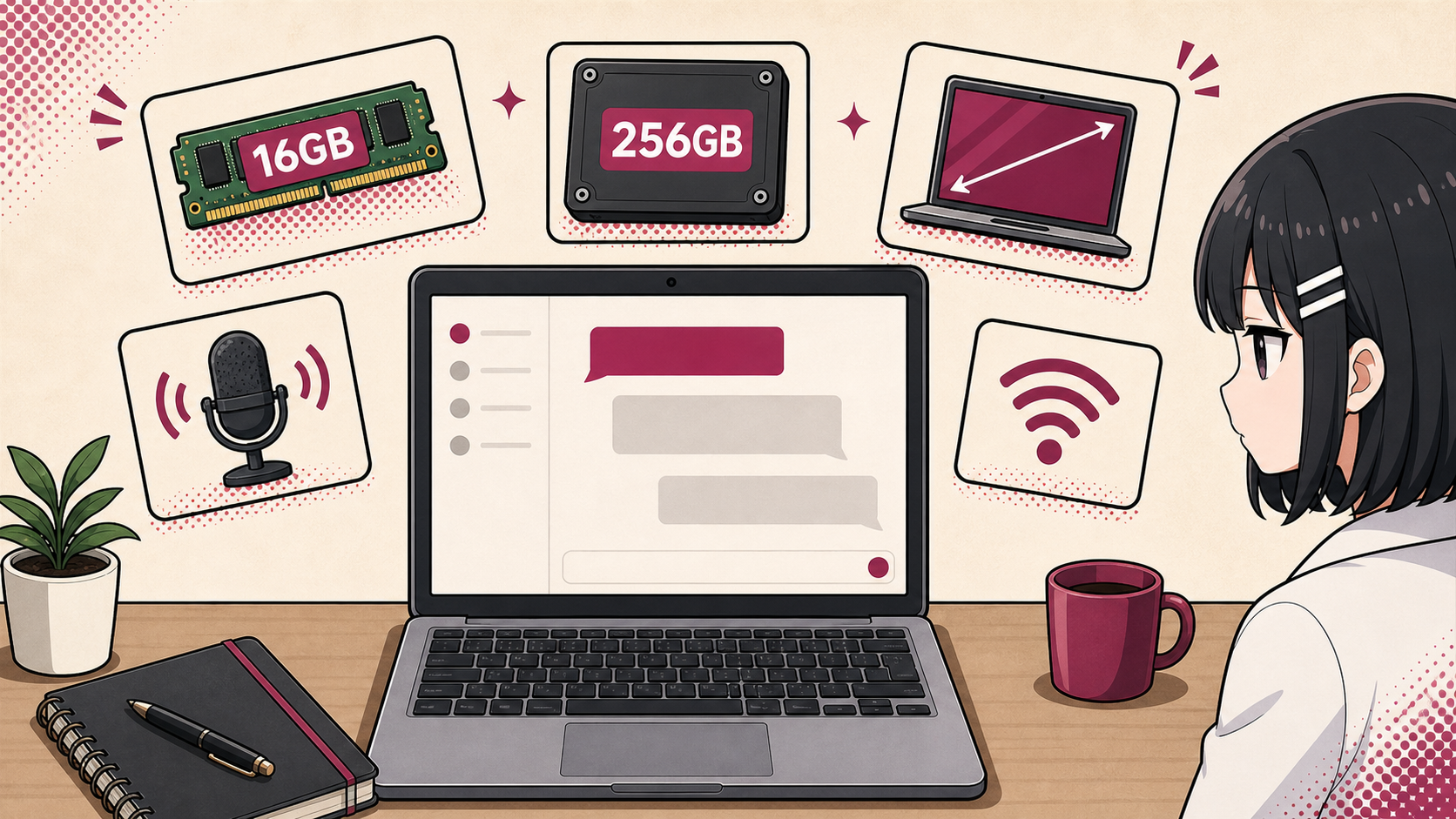 ChatGPT用PCで見るメモリ、SSD、画面、マイク、Wi-Fiの条件を示す挿絵