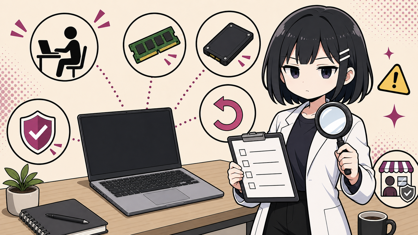 ノートPCの用途、メモリ、SSD、保証、返品条件を購入前に確認する挿絵