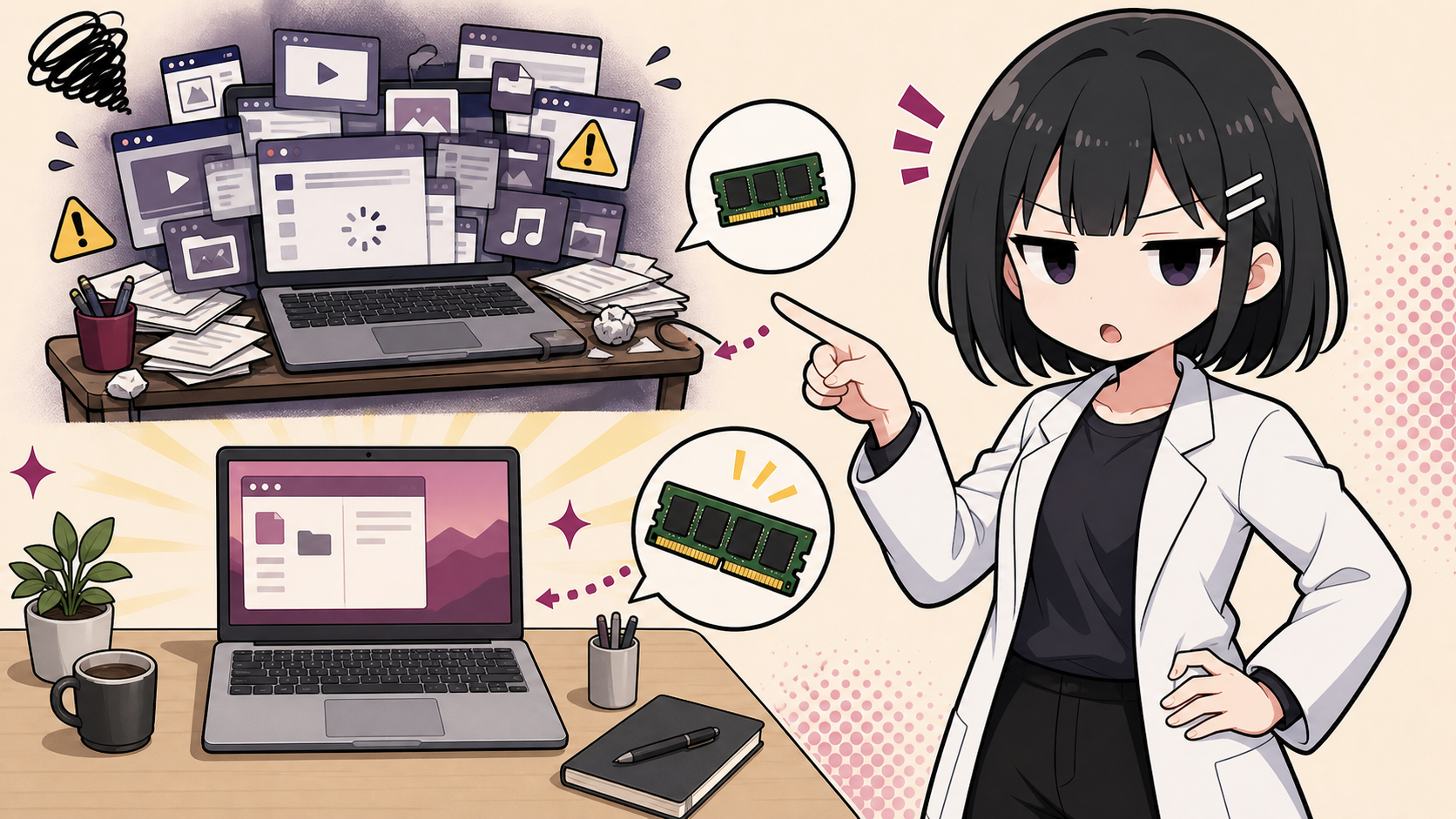 メモリ不足で作業が詰まるPCと余裕のあるメモリを比較する挿絵