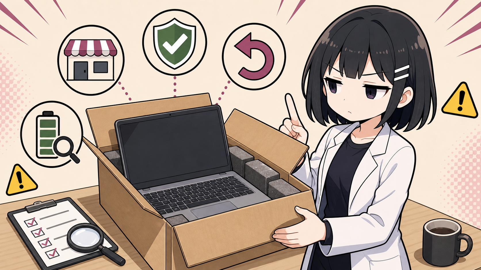 中古・整備済みノートPCの保証、返品条件、バッテリー状態を確認する挿絵